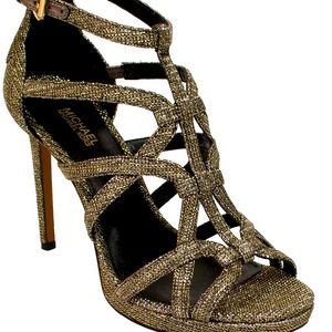 MICHAEL KORS SANDRA PLATFORM BLACK GOLD GLITTER WOMEN'S HEELS SHOES SIZE 6